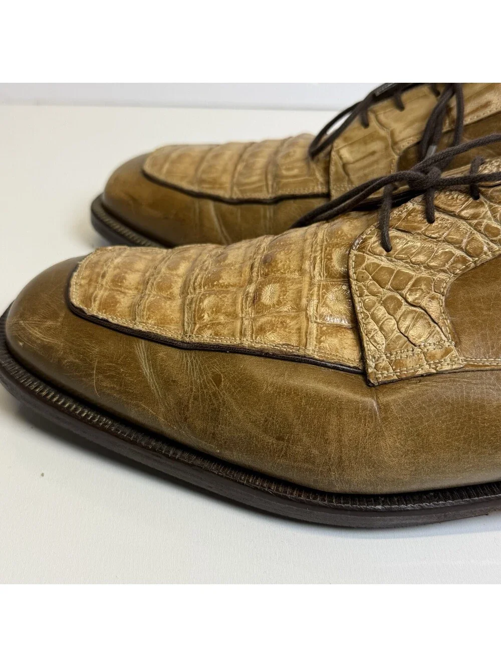 Vintage Caporicci Shoes Oxfords Sz 13 Brown Crocodile Leather Lace Up Italy Tan